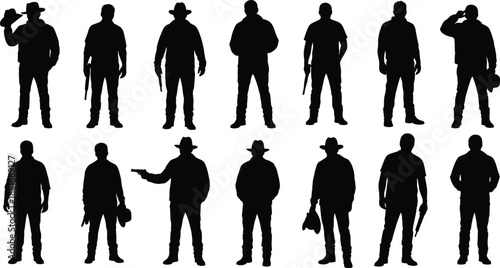 Collection of cowboy silhouettes in various poses and outfits