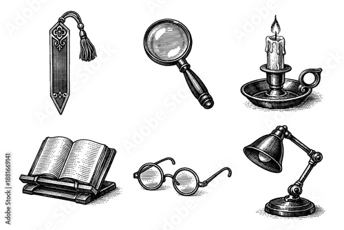 Vintage engraved bookshop tools with candle, magnifying glass, and glasses