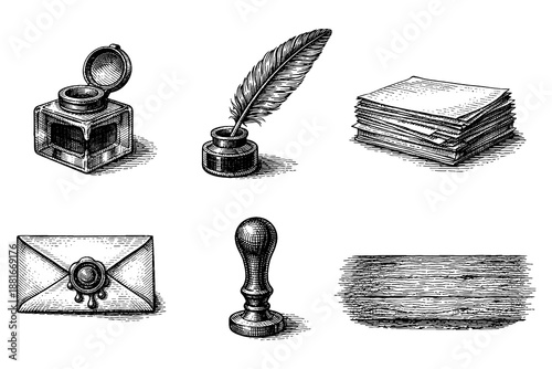 Vintage hand drawn writing set: inkwell, quill, paper, envelope, seal stamp, and wood texture
