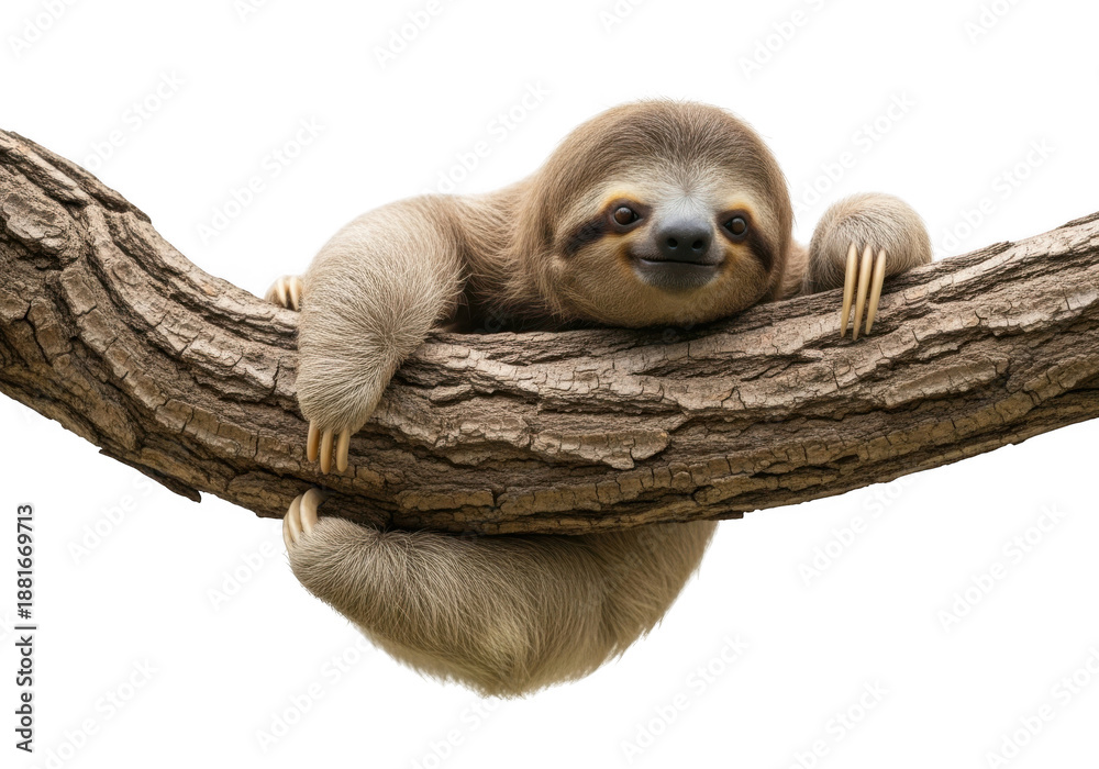 Obraz premium Relaxed sloth resting on a tree branch with a calm expression isolated on transparent background