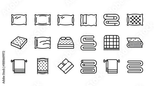 Bedding and towels set, minimalist line art vector illustration