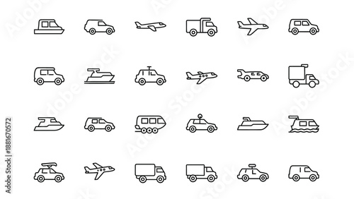 Transportation icons set, vehicles and aircraft vector illustration