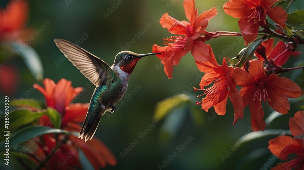 Obraz premium Vibrant hummingbird feeding on bright red flowers in a lush garden, showcasing nature's beauty