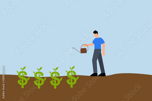 Dividend investment, Happy businessman investor holds a watering can to irrigate the sprout seedlings he planted from the cash sign.