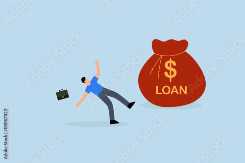 Entrepreneur soft loan to continue business in economic crisis, attempted broke businessman little commerce proprietor falling on the floor attempting to get bank credit.