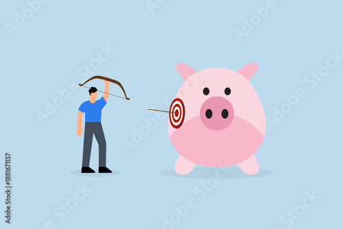 Financial goals, investor to shoot the bow and arrow at the bull's eye target to save the pink piggy bank.