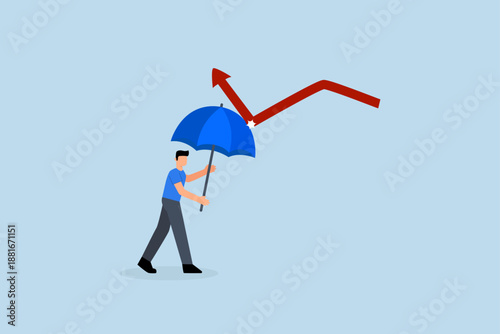Economic recovery, businessman with a strong umbrella to return a red arrow.