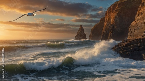 Serene sunset over rocky coastline with seagull soaring above crashing waves and dramatic clouds