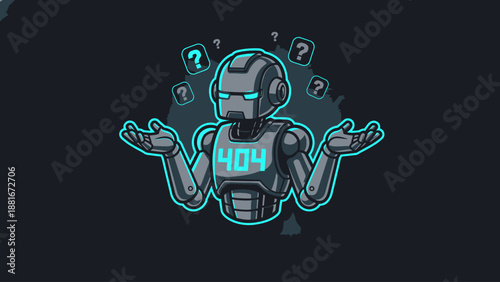404 Error Robot Mascot Shrugs in Confusion. Digital Page Not Found Illustration with Neon Glow.
