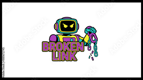 Retro Robot Mascot Holding Broken Chain. Neon 90s Style Vector Illustration of "Broken Link" Character Logo Design.