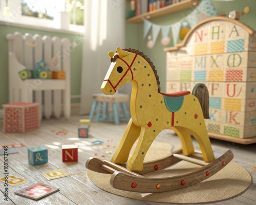 Vibrant yellow wooden rocking horse toy in a sunlit nursery room