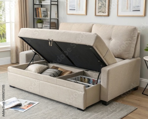 Neutral fabric compact apartment sofa bed with open storage compartment and hidden bed mechanism