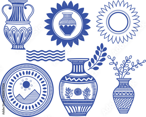 Collection of traditional blue and white ceramic pottery and decorative elements
