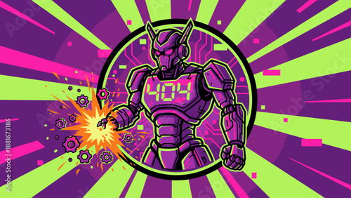 Neon 404 Error Robot Mascot Illustration. Cyberpunk Mech Suit Failure, Page Not Found Glitch, Retro Synthwave Style Vector Art.
