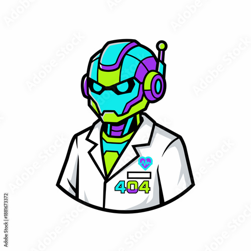 Vibrant Cyberpunk AI Doctor Robot Mascot in Lab Coat with 404 Error Badge, Tech Healthcare Vector Icon
