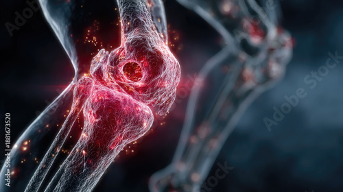 Human knee joint displaying viral or bacterial infection, causing significant inflammation and severe damage to surrounding bones and cartilage, representing disease progression and localized pain