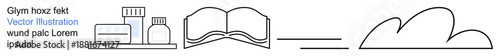 Education, healthcare, digital storage, online learning, medicine, knowledge dissemination. Open book, medicine bottles and cloud icon in linear style. Education and healthcare concept