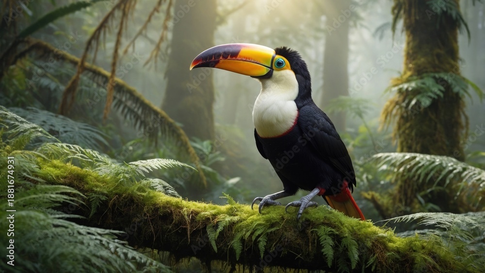 Fototapeta premium Vibrant toucan perched on a mossy branch in a lush rainforest, sunlight filtering through foliage