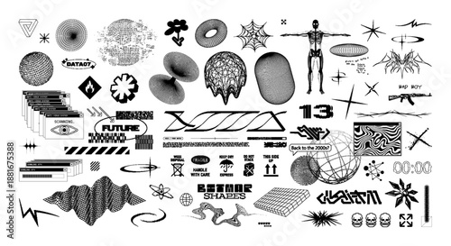 2k Bitmap Retrofuturistic Graphic Pack. Black and white 3D universal geometric shapes, bitmap elements, pixel signs and symbols, 2k glitch cyberpunk elements set, 3D wireframe shapes. Vector brutalism
