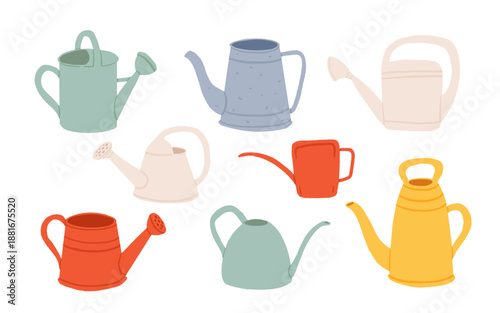 Large set of garden watering cans for watering indoor plants on balcony, terrace, farm of various shapes, sizes, designs, colors. Vector illustration on white isolated background in cartoon style.