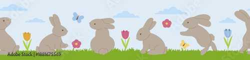 Cute cartoon bunnies with flowers, colorful tulips, butterflies, and grass against a blue sky with clouds in this delightful vector illustration, capturing a cheerful and festive springtime atmosphere