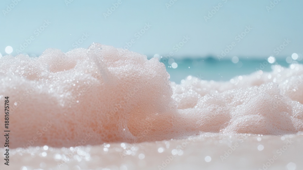 Fototapeta premium Shimmering pink sand beach with ocean background and sparkling light, a landscape tropical serene paradise