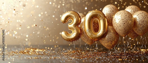 Golden 30th Birthday Celebration with Balloons and Confetti