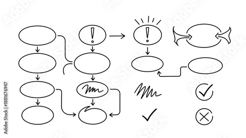 Hand-Drawn Flowchart Elements and Checkmarks for Business Concepts and Planning