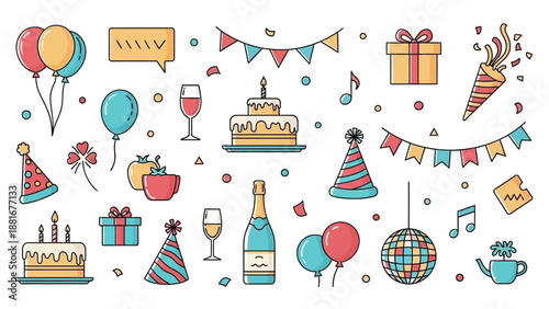Colorful Birthday Party Icons and Symbols, Celebration Elements and Decorations Collection