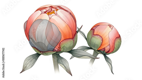 Watercolor painting of peony buds with green leaves on stem, viewed from the front