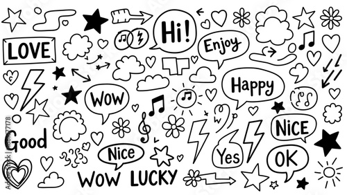 Hand-drawn doodle elements like stars, hearts, clouds, and speech bubbles with positive words