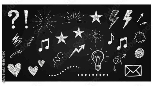 Hand-drawn Chalkboard Doodles: Stars, Hearts, Lightbulbs, and Arrows Collection