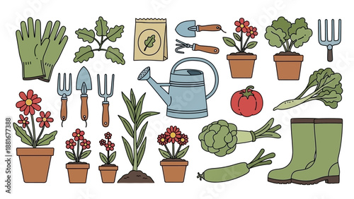 Gardening Tools, Plants, and Vegetables Collection: Essential Garden Supplies and Produce