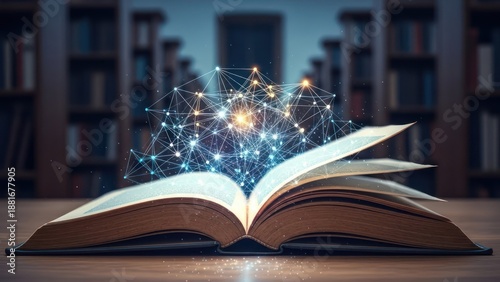 Open book radiates digital network in library setting