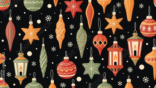 Retro Christmas Ornaments and Snowflakes Pattern on Black Background