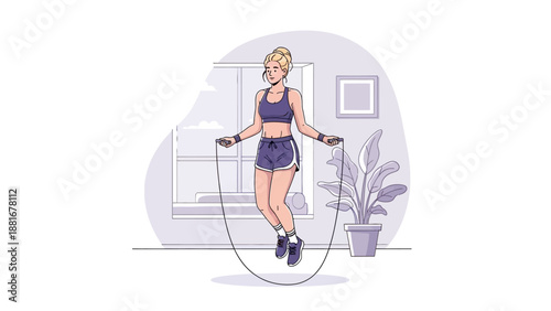 Woman Doing Jump Rope Workout at Home, Healthy Lifestyle and Fitness Concept