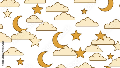 Cute Seamless Pattern with Gold Stars, Crescent Moons, and Clouds on White Background