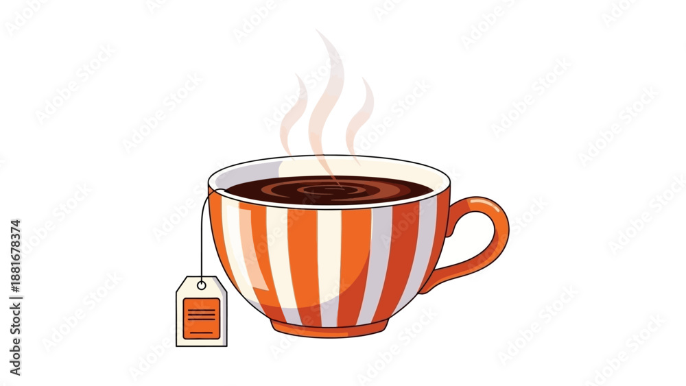 Obraz premium Hot Tea in Striped Mug with Steam and Tea Bag