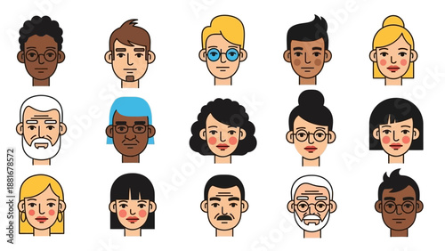 Diverse Collection of Stylized People Faces Vector Icons Set