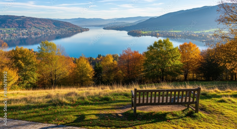 Obraz premium Scenic Lake View in Autumn with Wooden Bench Overlooking Serene Waters and Colorful Foliage