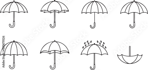 Umbrella Collection Line Art: Open, Closed, and Rain Drops Isolated on White Background