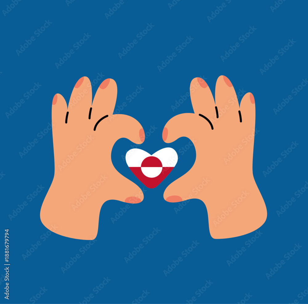 Obraz premium Hands forming heart with Greenland national flag inside. Love and unity symbol with country colors on blue background
