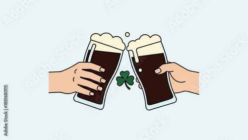 Hands clinking glasses of beer with shamrock for st patrick's day celebration