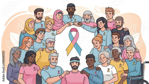 A diverse group of people forming a circle with a cancer awareness ribbon