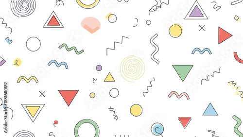 Retro Memphis Style Abstract Geometric Shapes Pattern on White Background