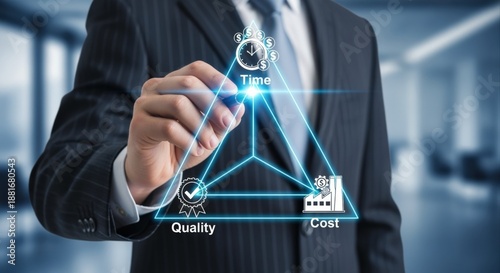 Businessman Demonstrating Time, Cost, and Quality Balance Using Digital Interface for Business Management Success