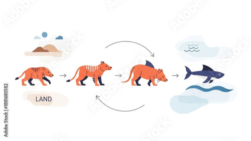 An illustration showing the evolution of a tiger into a fish