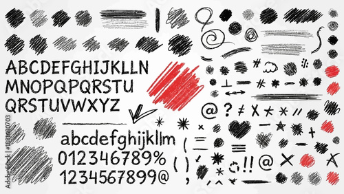 A comprehensive collection of hand-drawn scribbles, alphabets, numbers, and symbols in black and red, perfect for graphic design elements.