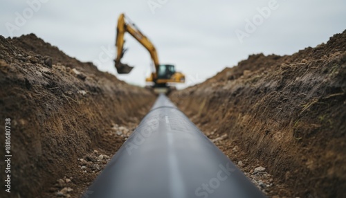 Black pipeline extending through an excavated trench with an excavator blurring in the background, signifying ongoing infrastructure development and underground utility installation