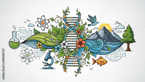 A colorful vector illustration of nature and science elements combined in a creative design